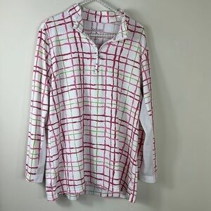 SanSoleil Pink & Green SoCool Plaid Long Sleeve  1/4 Zip Tennis Golf Top XL